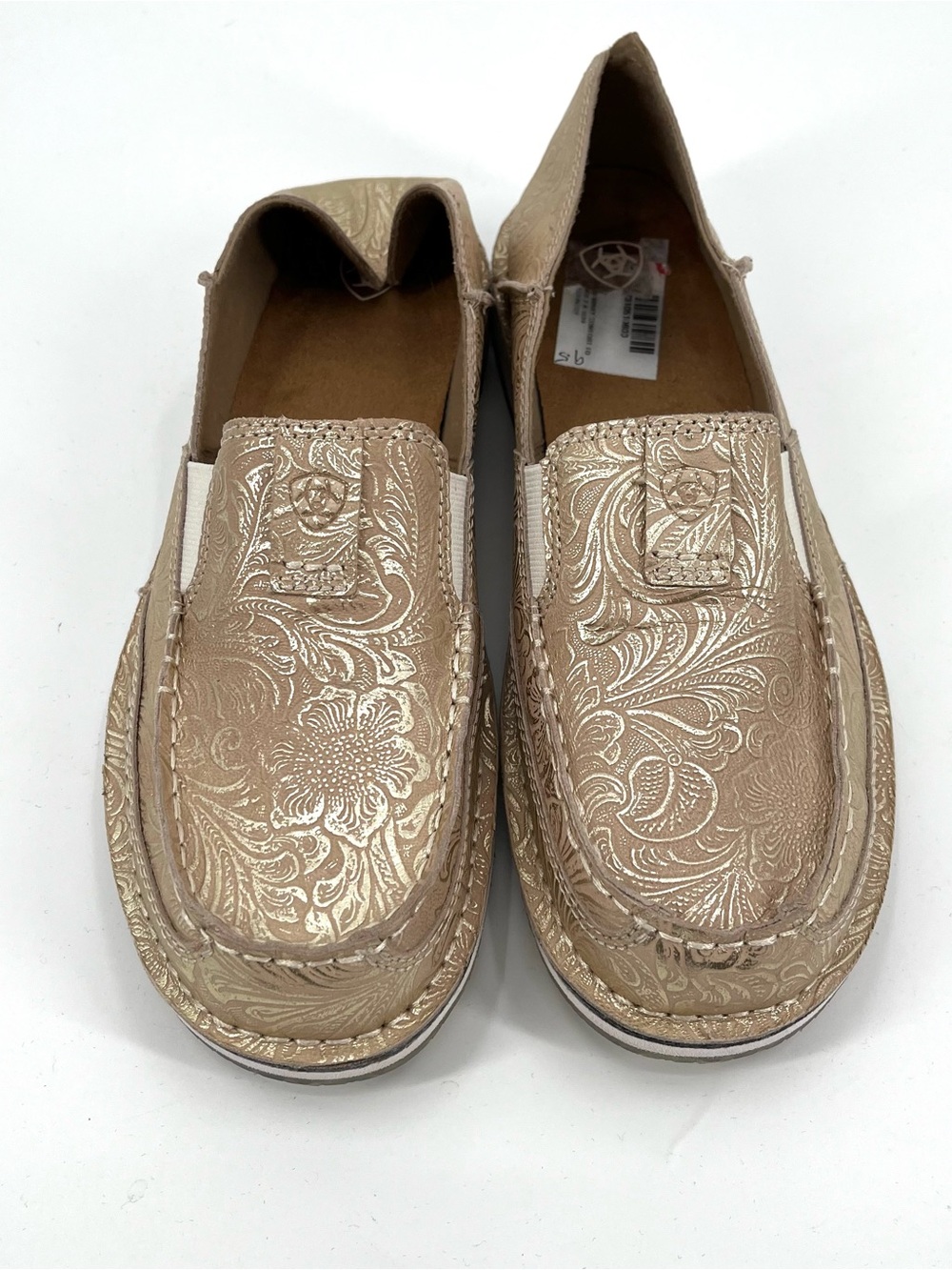 ARIAT Women's Cruiser Pearl Floral Emboss Shoes Slip On Flat Leather Loafer Tan - Picture 3 of 10